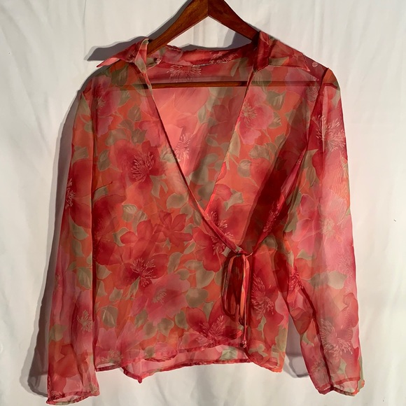 Tops - Vtg 90s Sheer Hawaiian Print Blouse Wrap Coverup